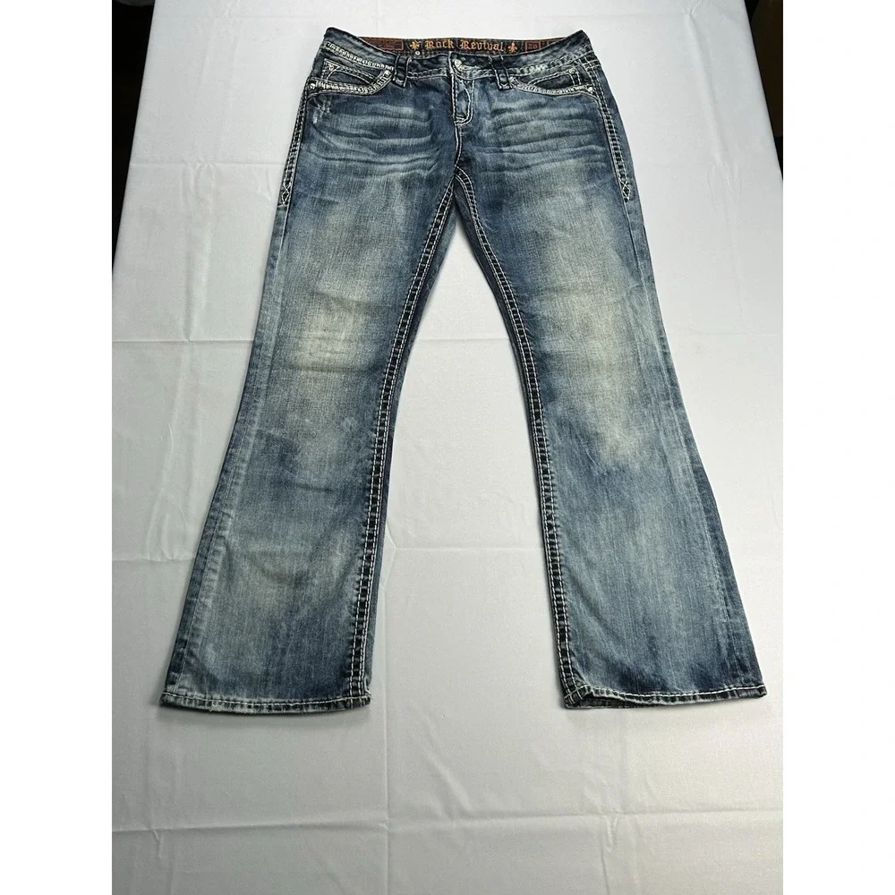 Rock Revival Elaina Bootcut‎ Jeans Size 28 Y2K Distressed Thick Stitch Flap